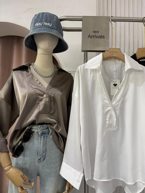 Ladies Collar Down V-Neckline Pullover Shirts